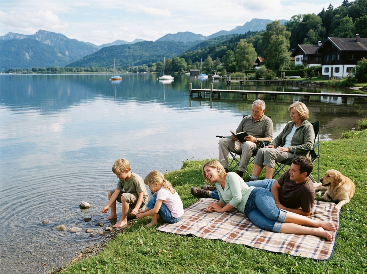 Family relaxing by a calm lake in Germany